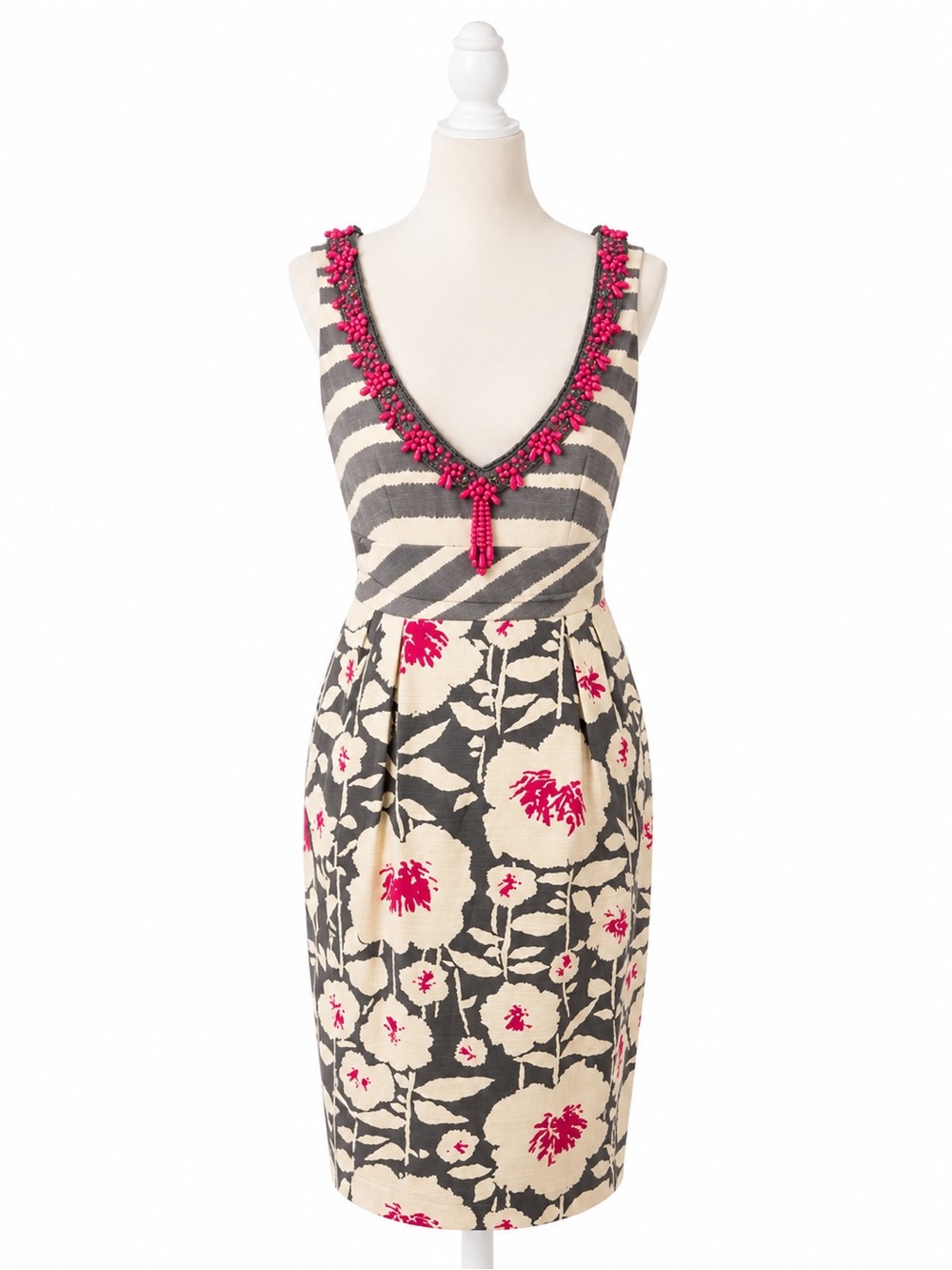 Nanette Lepore Silk Linen Floral Sheath Dress Beaded Neck Pink Gray Women’s 8
